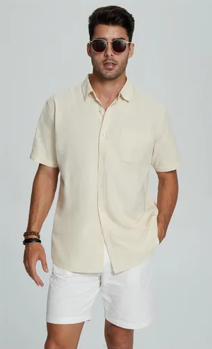 Vista 2 de JEKAOYI Mens Casual Linen Button Down Short Sleeve Shirts Beach Summer Spread Collar Pocket Tops