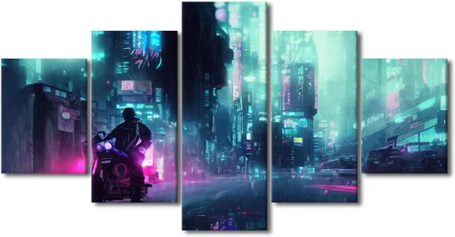 Vista 39 de Póster de 5 paneles en lienzo para decoración de pared, diseño de centro urbano Cyberpunk, impresión moderna, decoración de pared para el hogar