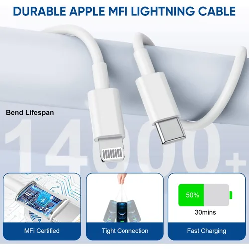 Vista 7 de Cordón de carga para iPhone de 6 pies, paquete de 3 【certificado Apple MFi】 USB C cargador rápido para iPhone, cargador de viaje, bloque de carga