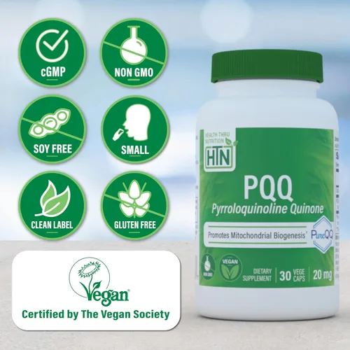 Vista 3 de Health Thru Nutrition PQQ 20 mg 30 porciones de pirroloquinolina quinona como PureQQ Promueve la biogénesis mitocondrial Certificado vegano