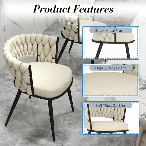 Vista 4 de Juego de 2 sillas de comedor tejidas, modernas sillas de comedor tejidas a mano con patas de metal negro, sillas tapizadas con marco negro