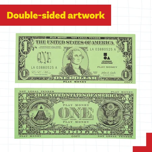 Vista 6 de LEARNING ADVANTAGE Billetes de juego de un dólar Juego de 100 Tamaño como efectivo real Dinero de juego para enseñar moneda y contar