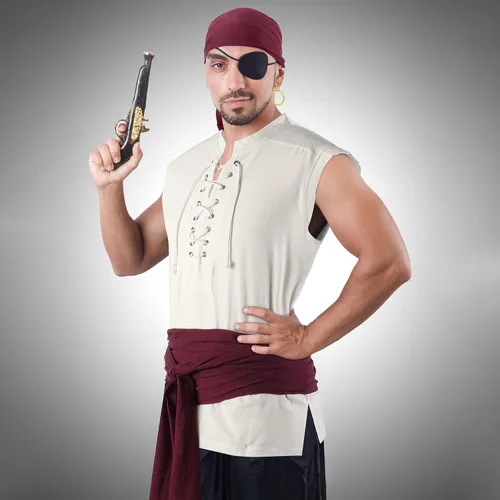 Vista 7 de Boyiee Juego de 5 piezas de disfraz de pirata para hombres y mujeres, camisa medieval renacentista, bandana, cinturón para Halloween, fiesta