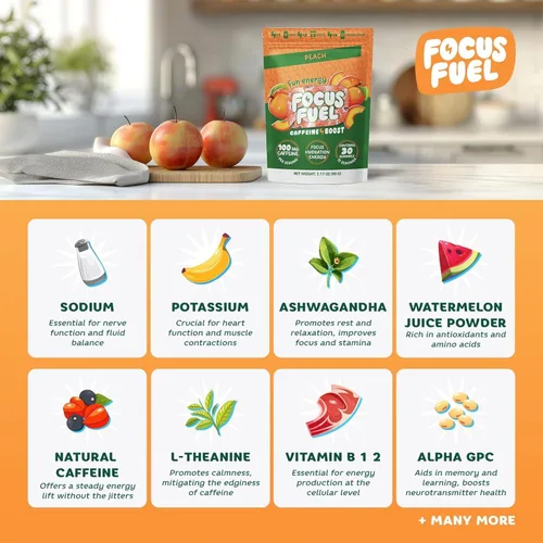 Vista 2 de FocusFuel Energy Chews - Paquete de muestra de melocotón (36 porciones) – 100 mg de cafeína + Alpha GPC + L-teanina + B12, magnesio – Sin choques ni