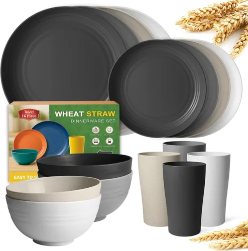 Vista 14 de Teivio Juego de vajilla de plástico de paja de trigo de 16 piezas, servicio para 4, platos de cena, plato de postre, tazones para cereales, tazas