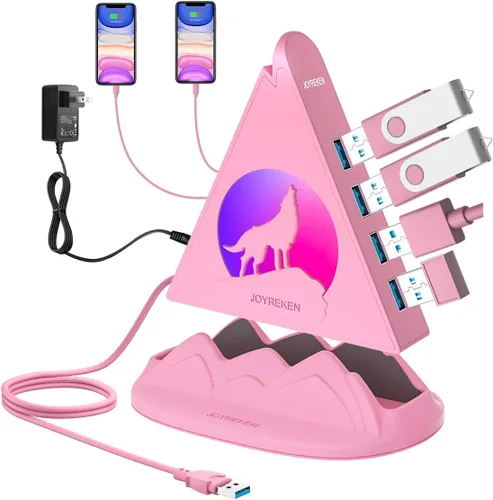 Vista 10 de Hub USB 3.0 alimentado, concentrador de 6 puertos (4 puertos de datos USB 3.0 + 2 puertos de carga inteligente) con adaptador de CA de 48 W, luz RGB