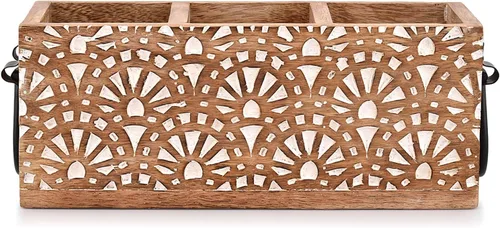 Vista 2 de NIRMAN Estante multiusos de madera de mango con 3 compartimentos para cubiertos, servilletas, tazas (11 x 4 x 4.5 pulgadas)