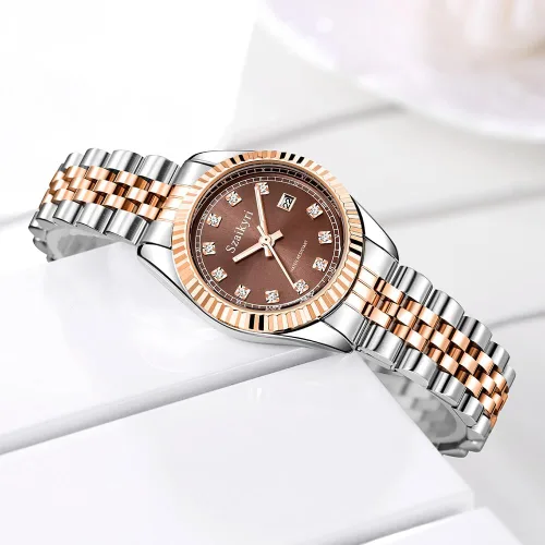 Vista 5 de Reloj clásico para mujer con banda de acero inoxidable sólido, reloj de vestir para mujer, reloj con calendario