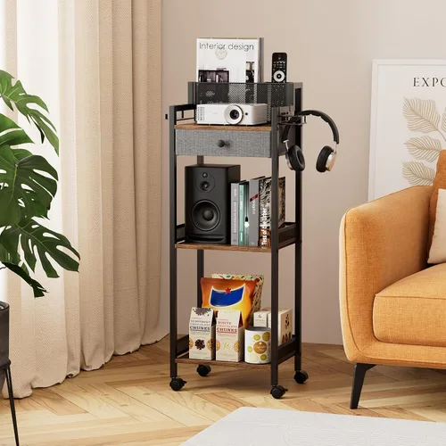 Vista 5 de Organizadores de almacenamiento de baño con cajón, unidad rodante de pie de metal de 3 niveles con soporte para papel higiénico, estante