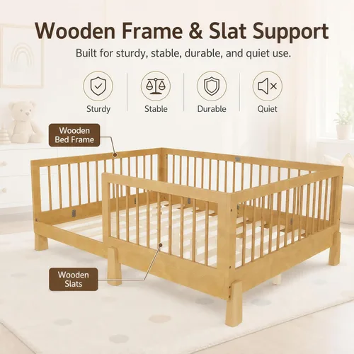 Vista 9 de SOFTSEA Cama Montessori de tamaño individual con barandillas para niños Natural