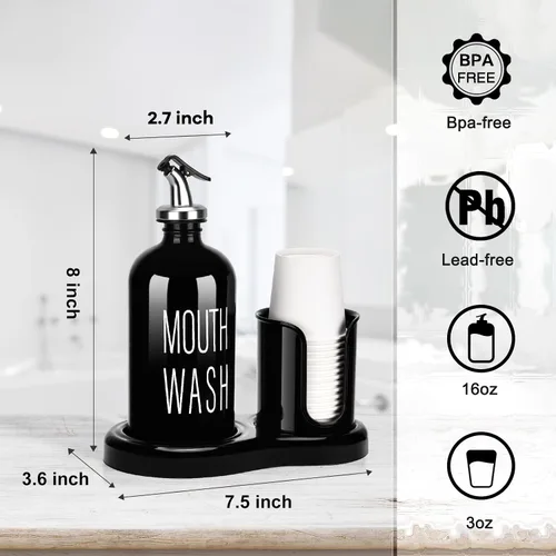Vista 2 de Dispensador de Enjuague Bucal de Vidrio con Portavasos, BYAWAY Juego de Enjuague Bucal para Baño, Contenedor de Botella de Enjuague Bucal Recargable