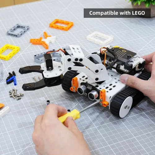 Vista 5 de Qtruck - Robot inteligente 4 en 1 para programación Micro:bit V2, proyecto STEM, kit de robot educativo, auto tanque rastreado para principiantes