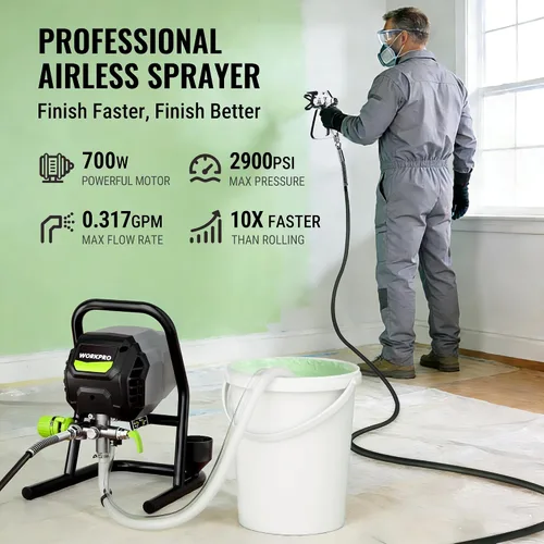Vista 2 de WORKPRO - Pulverizador de pintura sin aire de 700W, pulverizador de pintura eléctrico de alta eficiencia sin dilución de 2900 PSI con barra