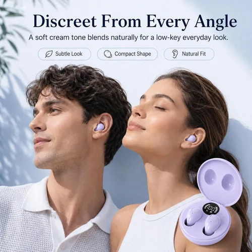 Vista 5 de Auriculares Bluetooth invisibles para orejas pequeñas, auriculares inalámbricos discretos, morado, funda de carga con pantalla LED inteligente