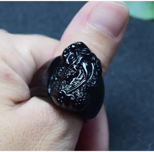 Vista 7 de Renning Feng Shui - Anillos de obsidiana negra para hombres y mujeres anillo de amuleto PiXiu de la suerte talla 9-12
