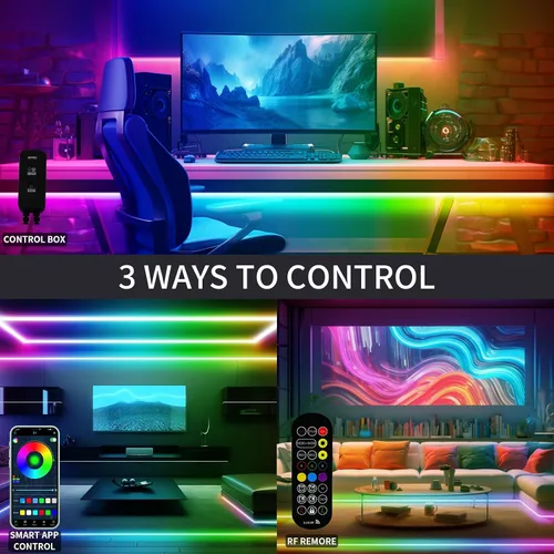 Vista 4 de Tira de luces LED de 20 pies COB Smart IC, luces LED RGB de 24V para dormitorio con control remoto RF, botón de aplicación inteligente