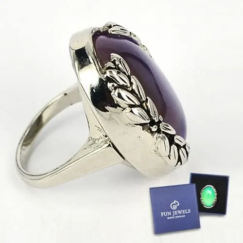Vista 6 de Anillo de estado de ánimo ovalado de hoja de piedra con cambio de color plateado antiguo, tamaño 6-10 para mujer