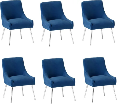 Vista 19 de Sillas de comedor de estilo moderno de terciopelo tapizado, silla de acento de tocador con barra vertical, silla capitonada con patas plateadas