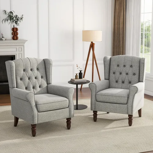Vista 19 de High Back Accent Chair, Fabric Upholstered Armchair Wingback Chair for Living Room, Comfy Bedroom Reading Seat with Solid Wood Legs, Beige