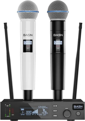 Vista 8 de BASN UHF Sistema de micrófono inalámbrico de doble canal, micrófonos de mano para escenario, karaoke, bodas, DJ y eventos (negro)