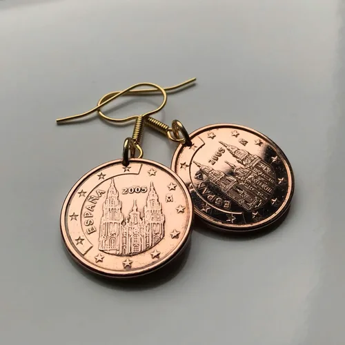 Vista 7 de Spain España 5 Euro Cent coin earrings Santiago de Compostela cathedral apostle Way of Saint James the Great church Iglesia Jesus Madrid Cadiz