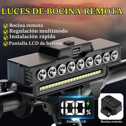 Vista 3 de Faro de bicicleta recargable impermeable con bocina, 9 LED y 7 modos, IPX5 impermeable, batería de larga duración con pantalla de alimentación