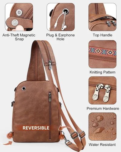 Vista 7 de FADEON Bolso bandolera grande para mujer, bolso cruzado de cuero de diseñador, mochila convertible, mochila antirrobo para viajes, 1 estilo retro 1