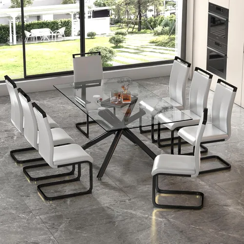 Vista 15 de Juego de 6 mesas de comedor de cristal, moderno juego de mesa de comedor de vidrio templado rectangular transparente de 71 pulgadas y 6 sillas