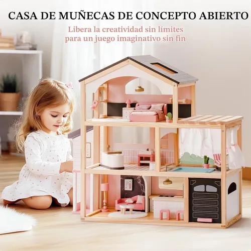 Vista 5 de ROBOTIME Casa de muñecas de madera, casa de muñecas con juego de muebles de 29 piezas, piscina y ascensor, casa de muñecas de madera para muñecas