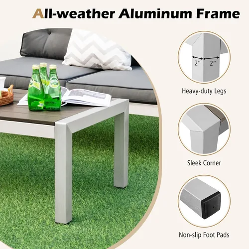 Vista 5 de Tangkula Mesa de centro de aluminio para exteriores, moderna mesa de cóctel rectangular con mesa de madera de plástico y marco de aluminio