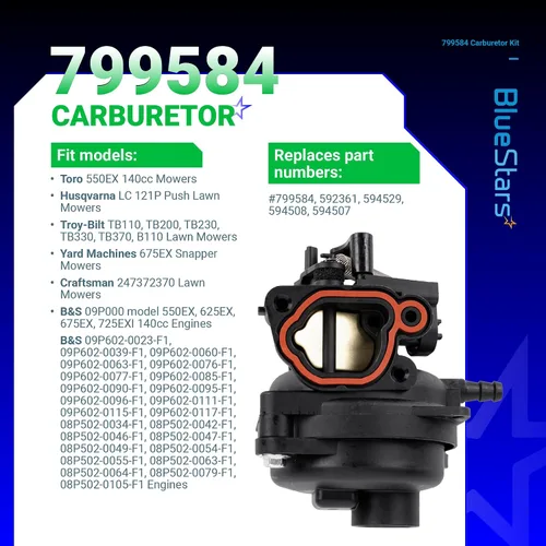 Vista 5 de BlueStars 799584 592361 Carburador - Compatible con motores de 140cc Husqvarna LC121P Troy-Bilt TB110 TB200 B110 cortacésped - Reemplaza 594058