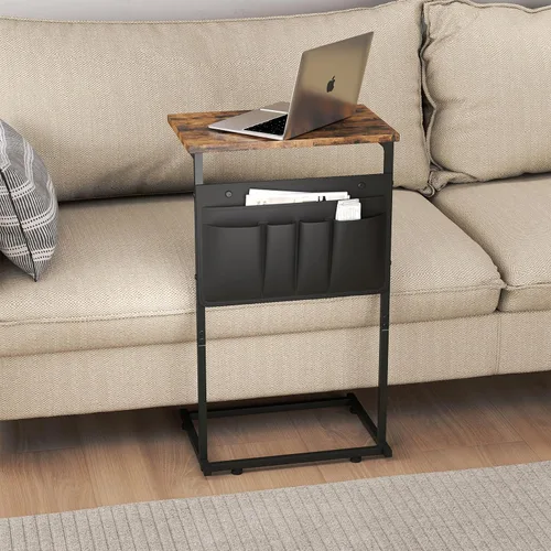 Vista 2 de Mesa auxiliar en forma de C, mesa auxiliar pequeña con bolsa de almacenamiento para sofá, mesa de sofá con marco de metal para sala de estar