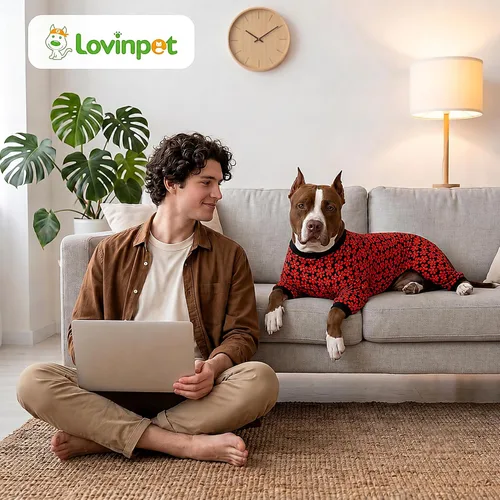Vista 8 de LovinPet Pijama de perro gordo para perros medianos, camisa para aliviar la ansiedad de las mascotas, camisa de protección solar, tela elástica Negro