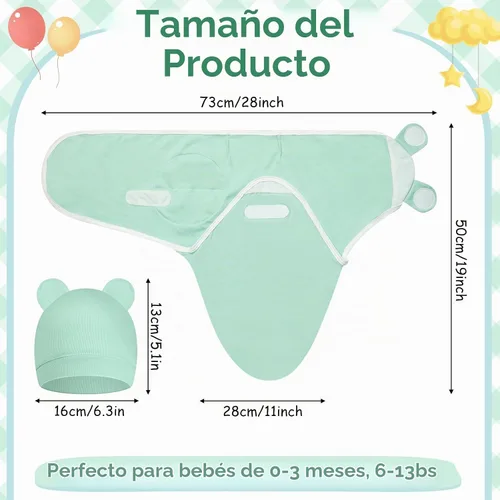 Vista 4 de Ramede Paquete de 6 mantas para envolver con sombreros para bebé, niña y niño, mantas de algodón 100%, de 0 a 3 meses, ajustable, transpirable
