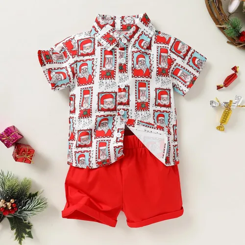 Vista 2 de JEELLIGULAR Conjunto de pantalones cortos y camisa con botones y estampado de Papá Noel para niños pequeños