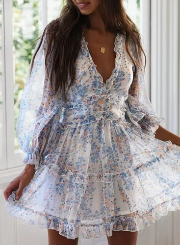 Vista 8 de Dokotoo Womens 2023 Fall Deep V Neck Ruffle Long Sleeve Floral Print Mini Dress