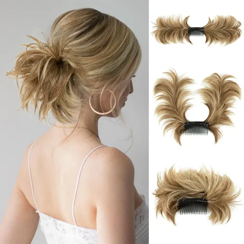 Vista 7 de Peine de moño desordenado con clip lateral para mujer, corto, natural, lacio, versátil, ajustable, fácil de peinar, (rubio ceniza-C)