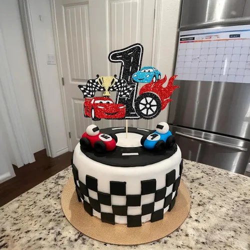 Vista 5 de Ephlyn 1 pieza de decoración para tarta de primer cumpleaños de coche de carreras con purpurina, decoración de tarta 1er cumpleaños para bandera a