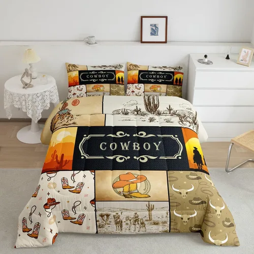 Vista 19 de Ropa de cama con estampado de vaca marrón tamaño individual, juego de edredón rústico de piel de vaca con calavera de vaca, relleno de edredón