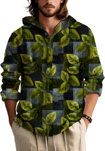 Vista 8 de Sudadera con capucha con estampado bohemio para hombre, de otoño, a la moda, con un cuarto de botón, manga larga, holgada, con capucha, de gran