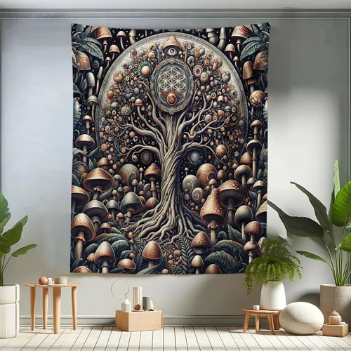 Vista 70 de Ambesonne Tapiz hippie, abrazo de hongos de ensueño y árbol de la vida místico y mandal verde, decoración de tela para colgar en la pared