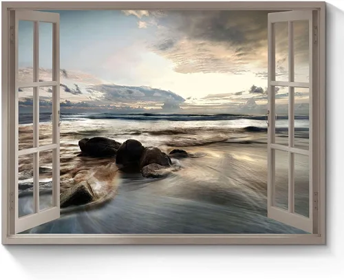 Vista 12 de Arte de Lienzo de Ventana Abierta para Pared: Paisaje Costero de Playa al Atardecer Vista de Ventana Falsa Imagen Olas Azules del Océano Pintura