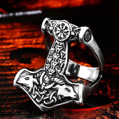 Vista 3 de BAVIPOWER Viking Thor Hammer Mjolnir Potente protección Talismán Amuleto Vintage Anillo de acero inoxidable