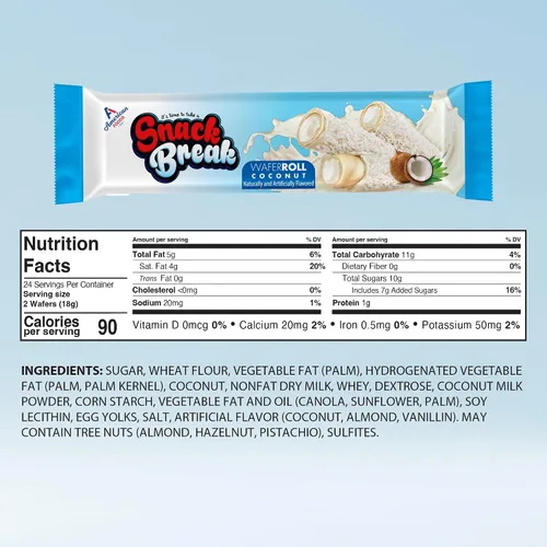 Vista 2 de Snack Break Snacks de oblea enrollada de coco con relleno cremoso de coco, bocadillos de oblea envueltos individualmente, (paquete de 24)