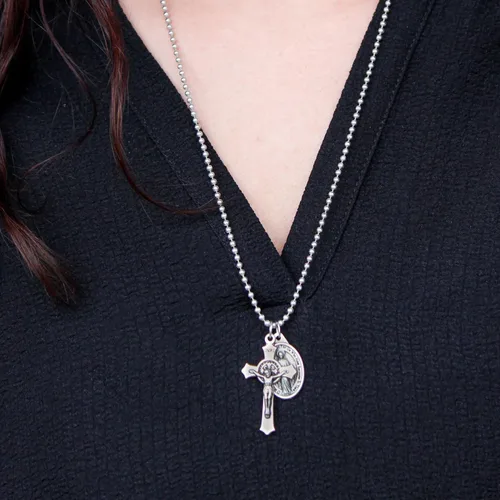Vista 7 de Caritas et Fides Collar católico con crucifijo de San Benito y medalla milagrosa, hipoalergénico en cadena de bola de 24 pulgadas, collar católico
