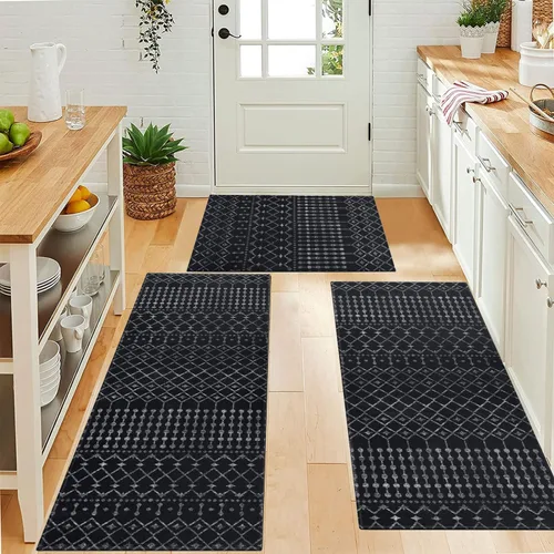 Vista 4 de Juego de 3 alfombras de cocina estilo bohemio, marroquí, modernas, para piso, patrón geométrico, antideslizantes, lavables, para decoración