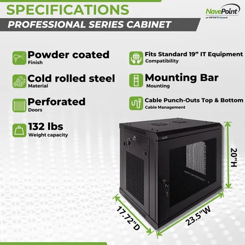 Vista 4 de NavePoint Gabinete para rack de servidores 9U – 17.7' de profundidad, gabinete de red para montaje en pared con puerta perforada de bloqueo