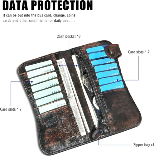 Vista 5 de Handadsume Genuino caballo loco cuero viaje regalo moneda bolsillo tarjeta caso largo organizador cadena Rfid monedero con broche para hombres