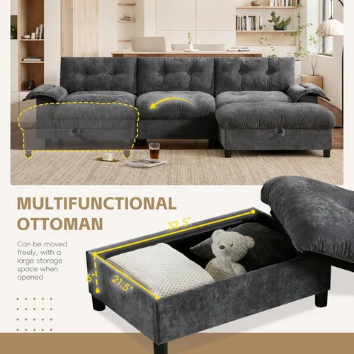 Vista 31 de Sofá modular moderno en forma de U de 115 pulgadas, juego de sofás tapizados grandes con asiento de almacenamiento, sofá cama convertible con diván