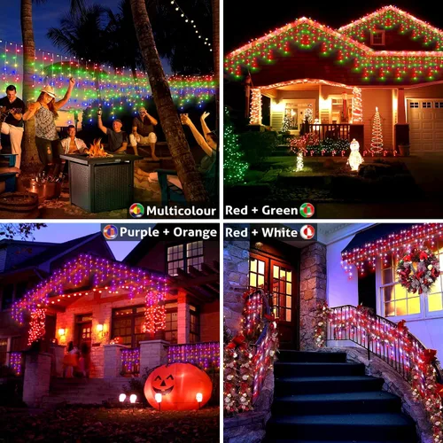 Vista 4 de Luces de carámbano de Navidad de 49 pies, 128 funciones, para exteriores, con 504 LED, 8 modos y temporizador, cortina de luces para exteriores